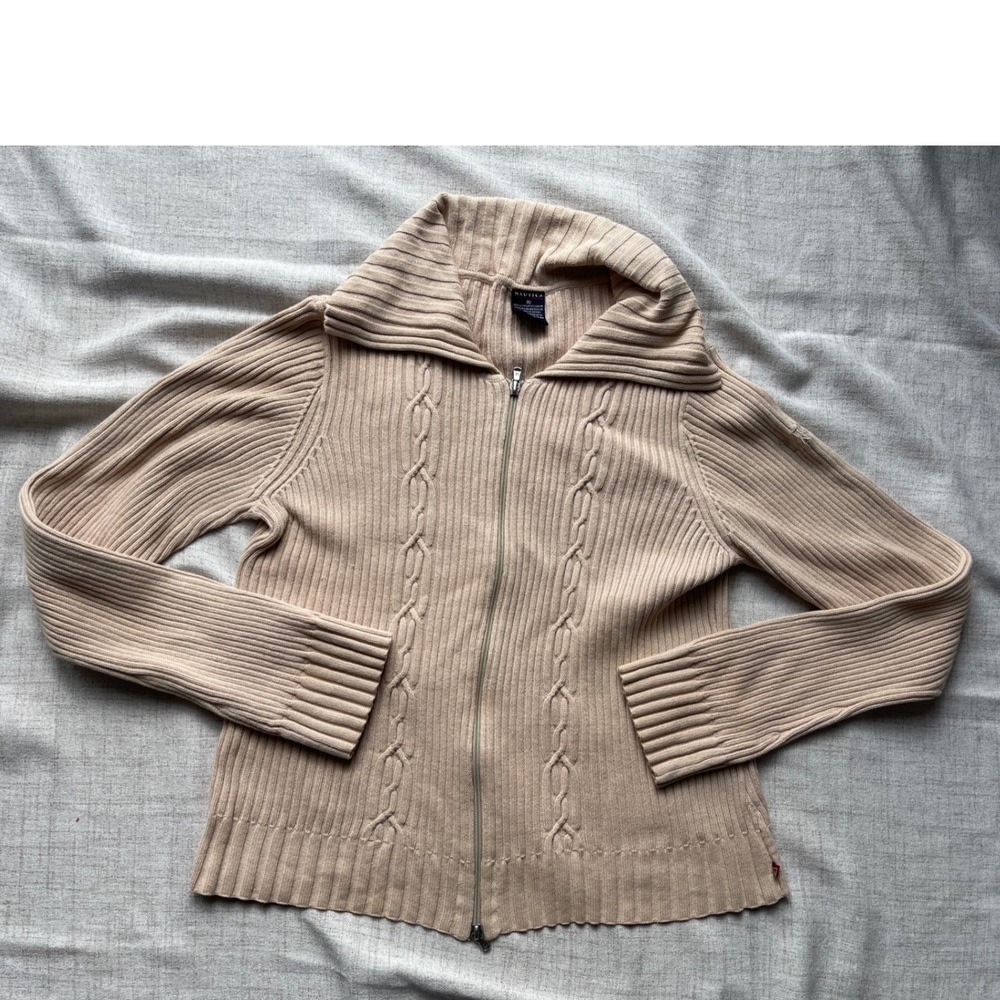 Nautica Jeans Co Tan Beige Ribbed Full Zip Cotton Cardigan Sweater Womens Large